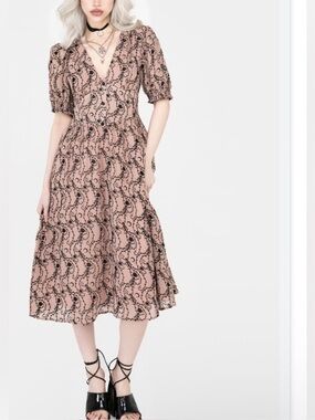 Disturbia Rosethorn Corset Midi Dress Dusty Pink Black Velvet Goth Floral Moon 8
